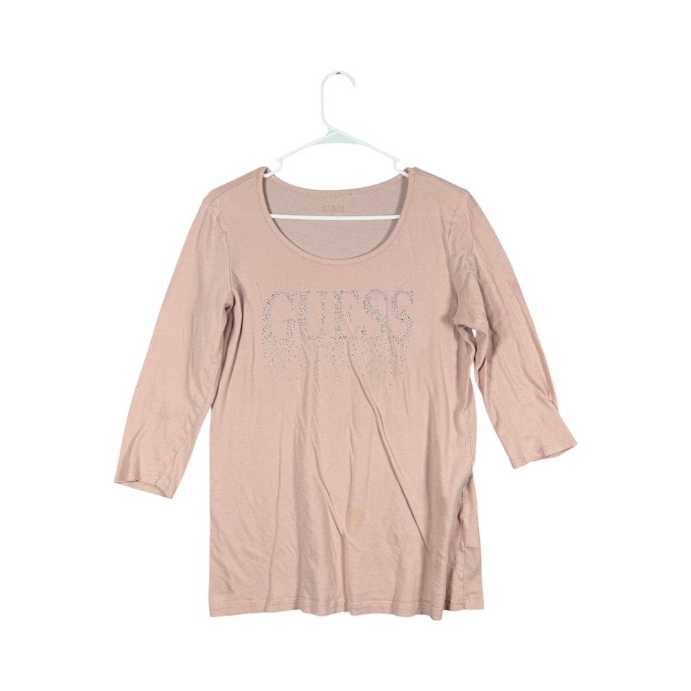Guess Los Angeles Womens XL Pink Rhinestone Logo 3/4 Sleeve Scoop Neck Top
